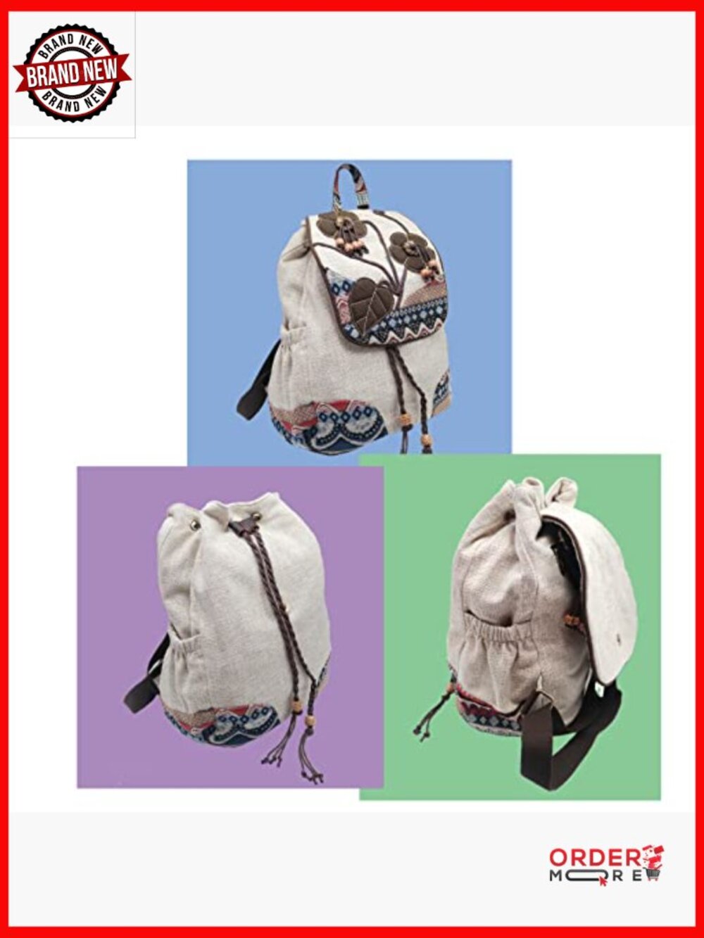 Vintage Bohemian Drawstring Canvas Backpack Purse Women's Hand-Embroidered - Picture 7 of 7